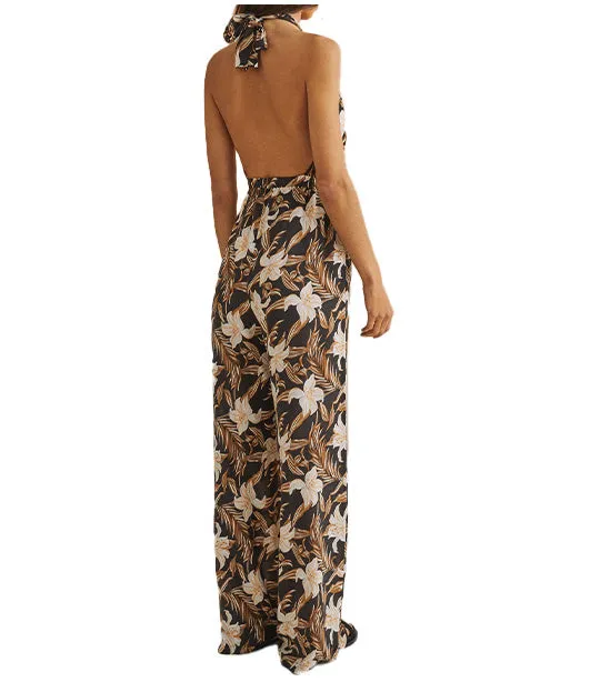 Long Printed Halterneck Jumpsuit Brown