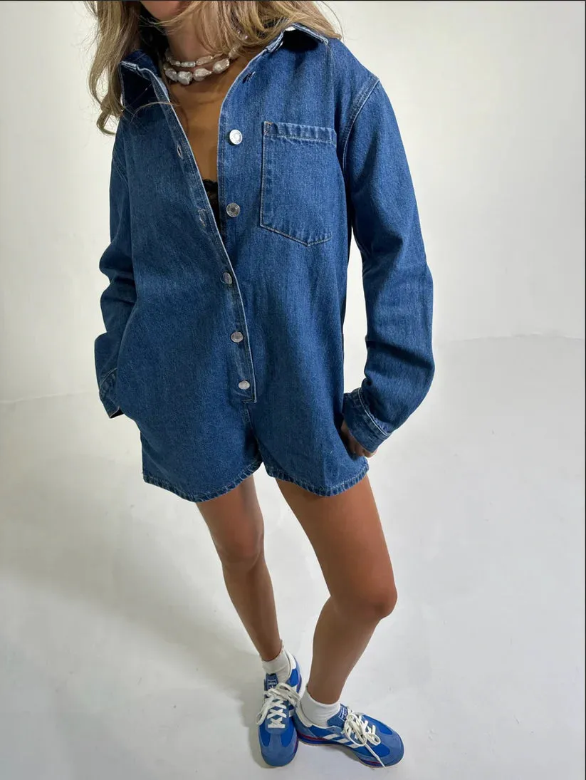 Long Sleeve Denim Romper - Denim