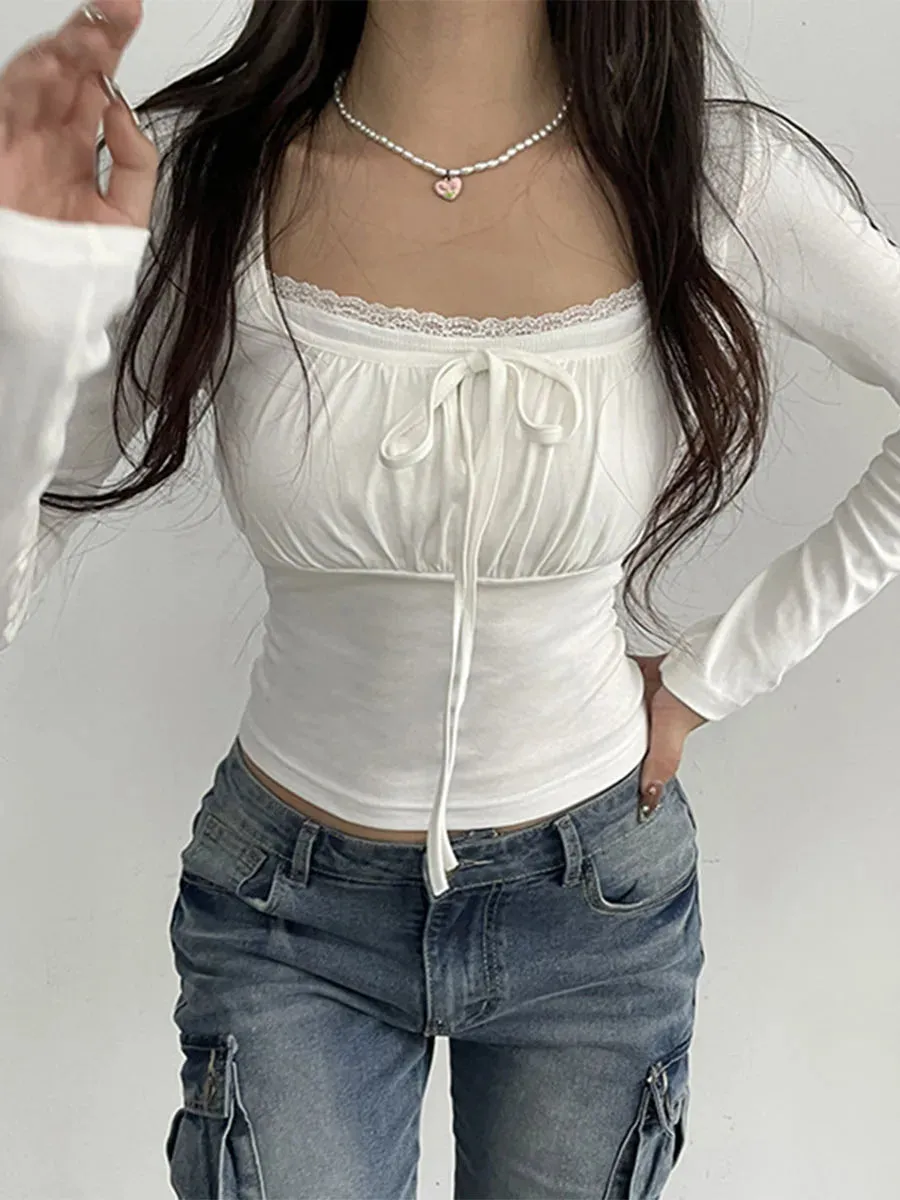 Long Sleeve Sexy Lace Fitted Crop T-shirt Square Neck Y2K T-shirt