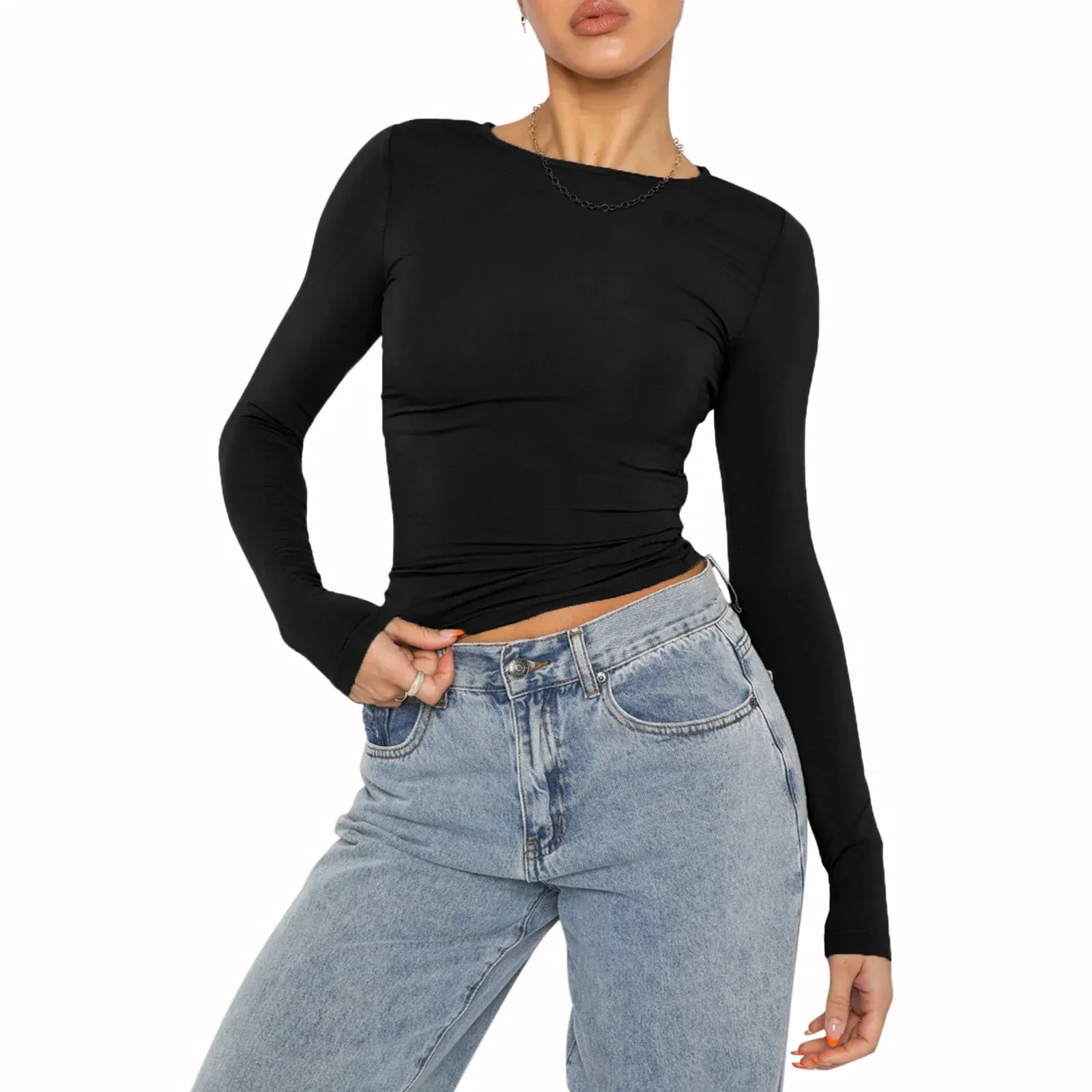 Long Sleeve Slim Cropped Y2K Casual Solid Color Basic T-shirt