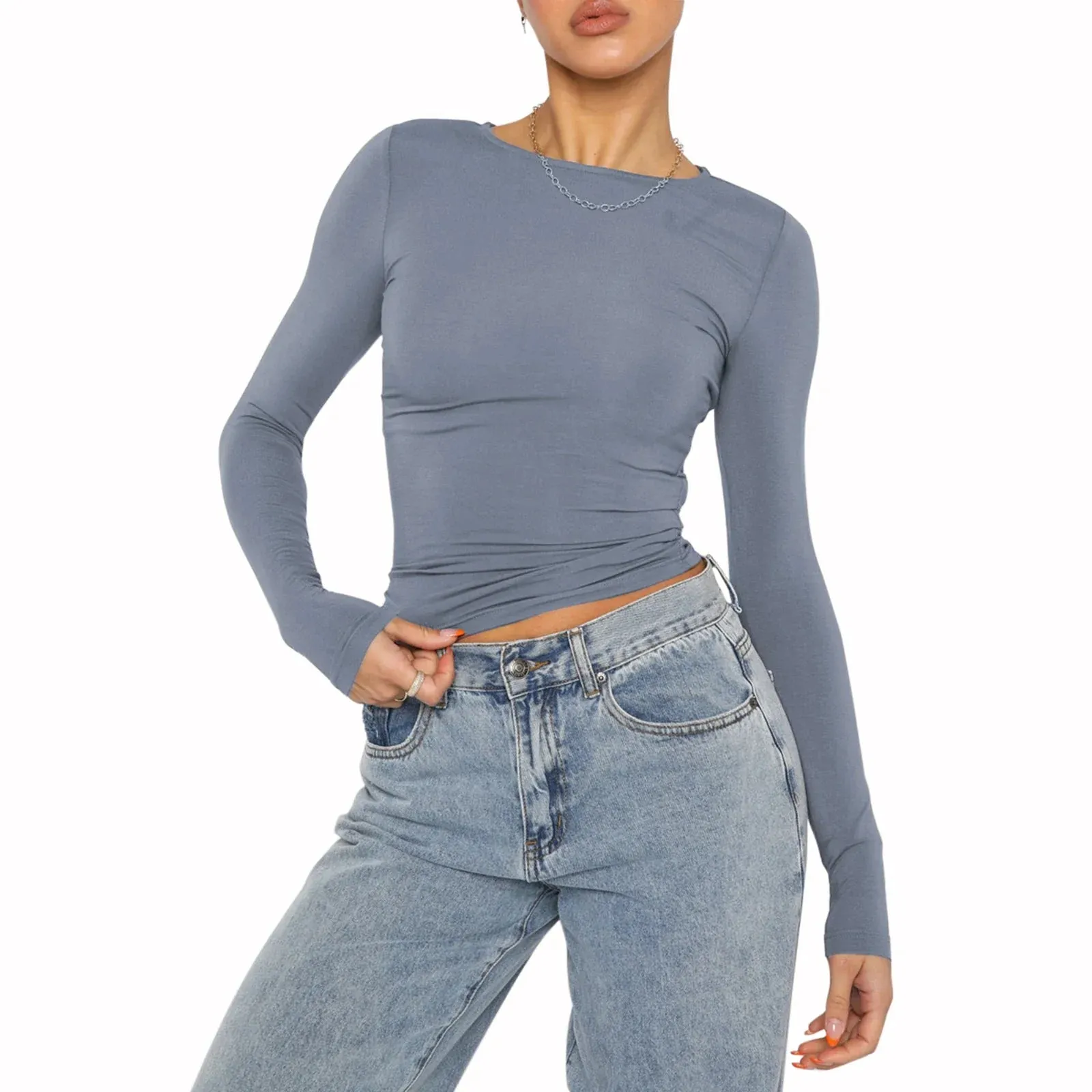 Long Sleeve Slim Cropped Y2K Casual Solid Color Basic T-shirt