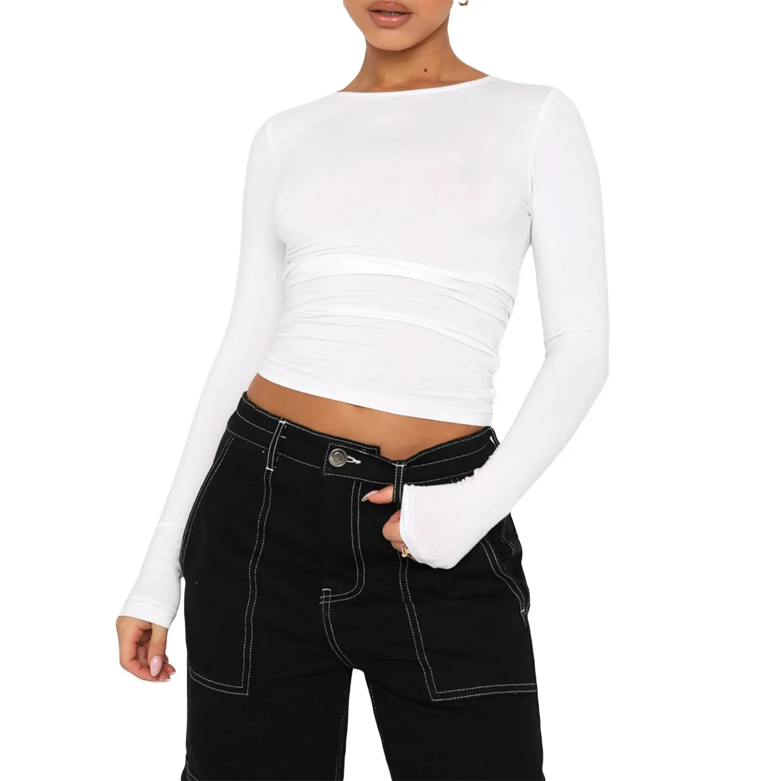 Long Sleeve Slim Cropped Y2K Casual Solid Color Basic T-shirt