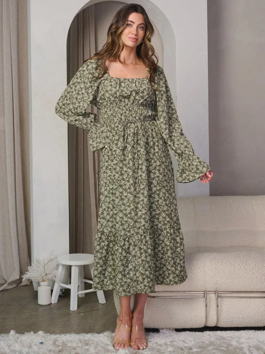 LONG SLEEVE SQUARE NECK FLORAL MAXI DRESS