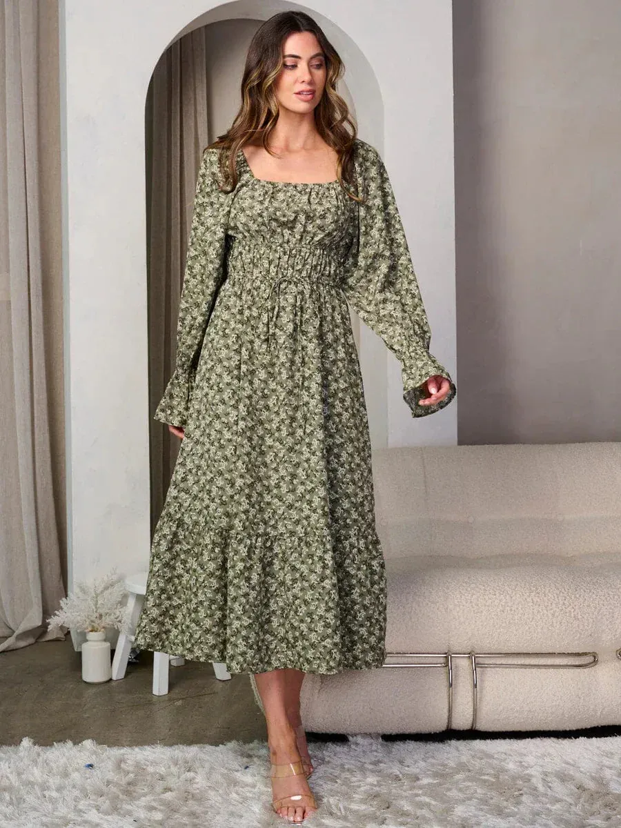 LONG SLEEVE SQUARE NECK FLORAL MAXI DRESS