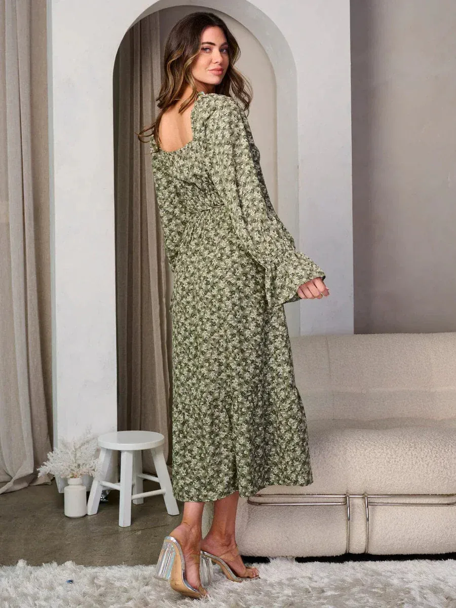 LONG SLEEVE SQUARE NECK FLORAL MAXI DRESS