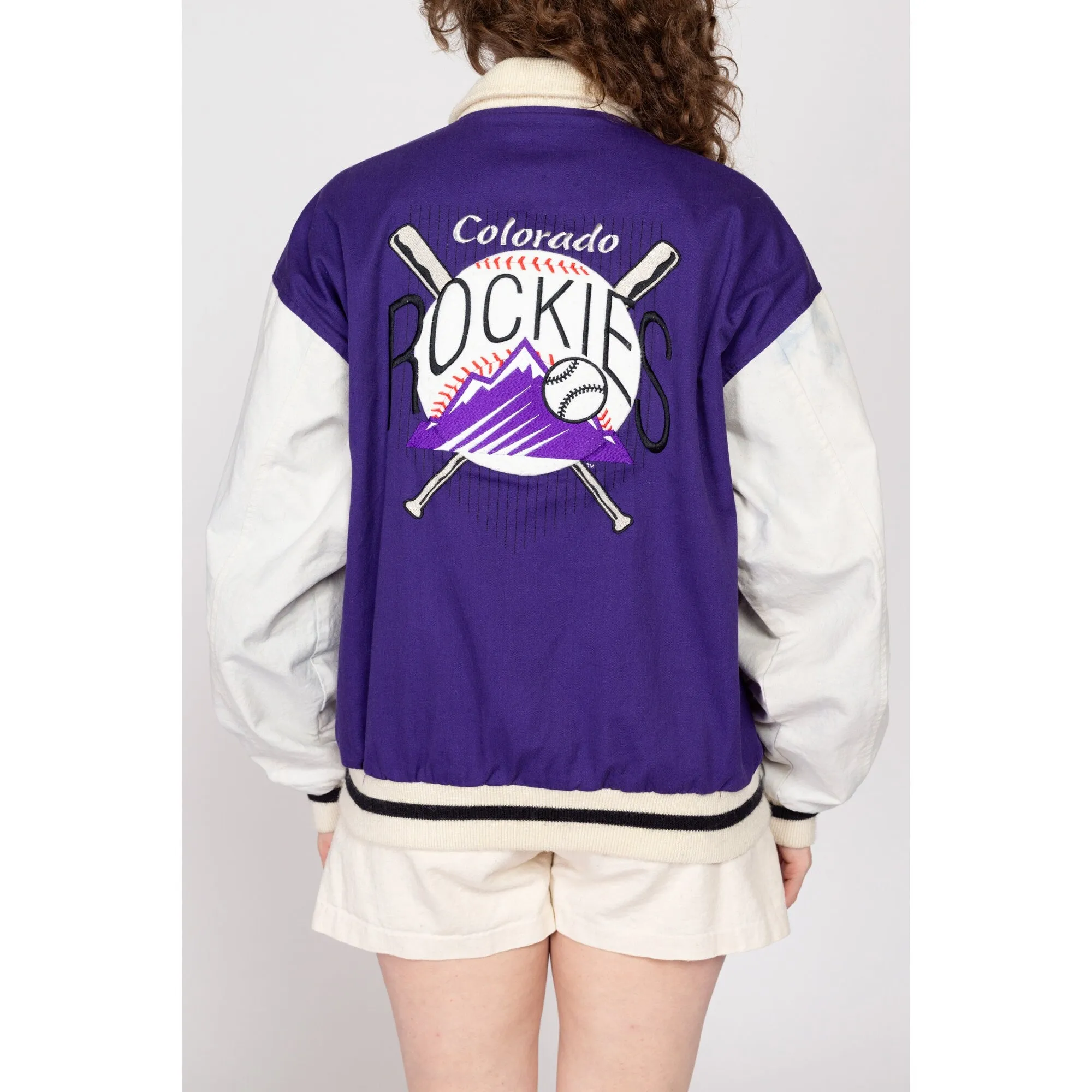 Lrg-XL 90 Colorado Rockies MLB Denim Varsity Jacket