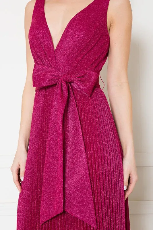 Magenta Sparkle V Neck Pleated Maxi Dress