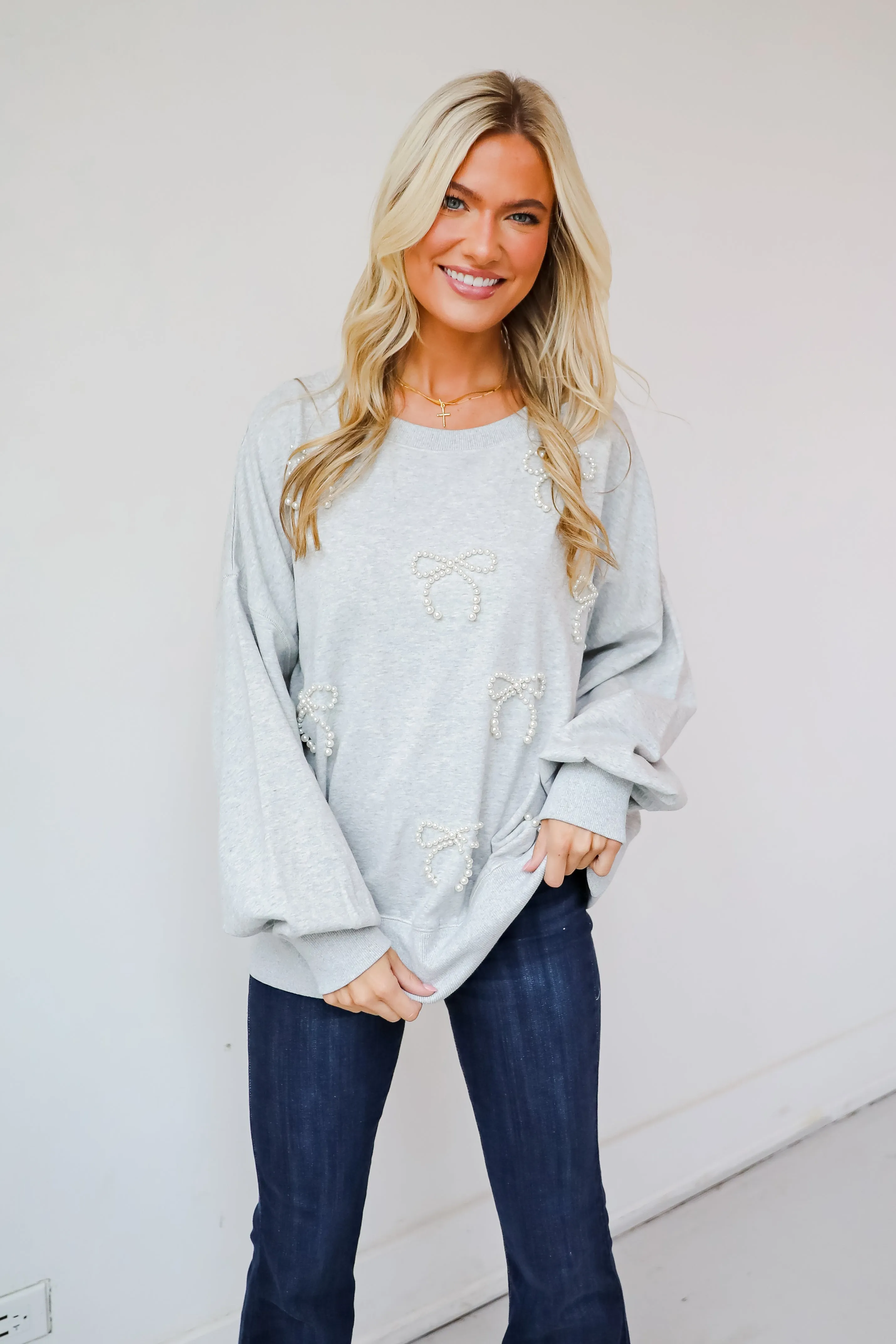 Marvelous Dazzle Heather Grey Pearl Bow Pullover