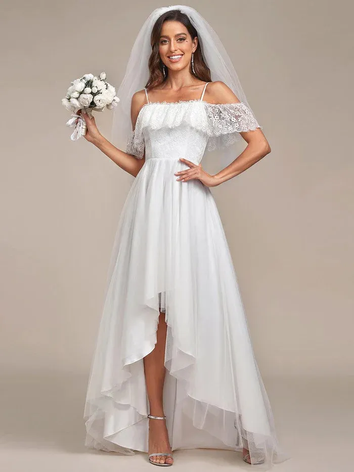 Maxi Long Spaghetti Straps High Low Lace Wedding Dress