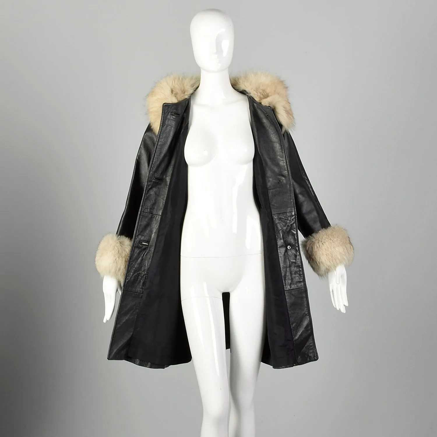 Medium 1960s Black Leather Coat with Fox Fur Trim