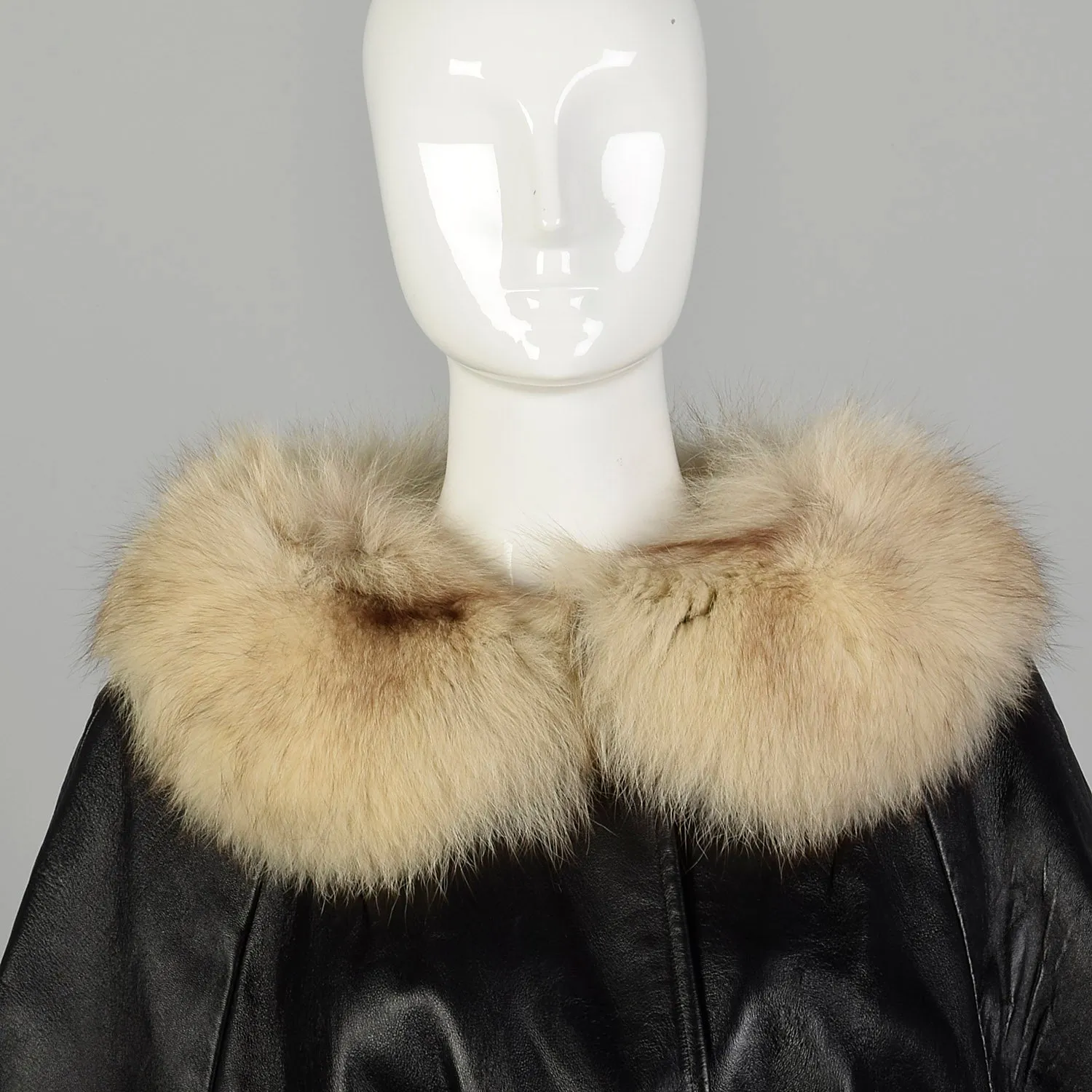 Medium 1960s Black Leather Coat with Fox Fur Trim