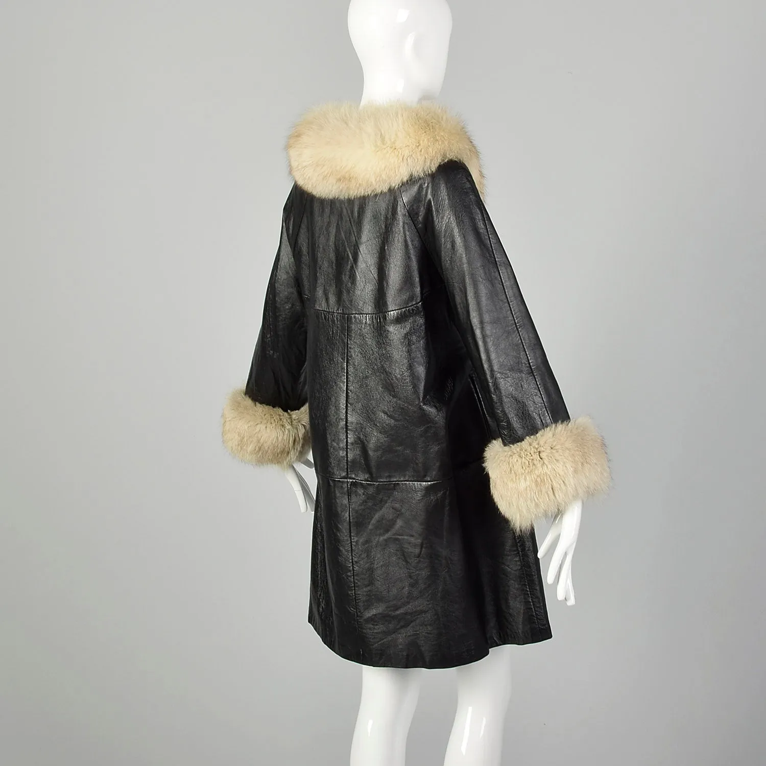 Medium 1960s Black Leather Coat with Fox Fur Trim