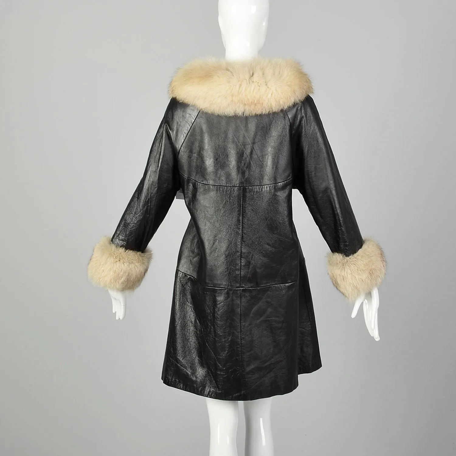 Medium 1960s Black Leather Coat with Fox Fur Trim