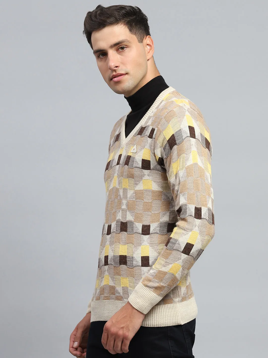 Men Beige Check V Neck Full Sleeve Pullover