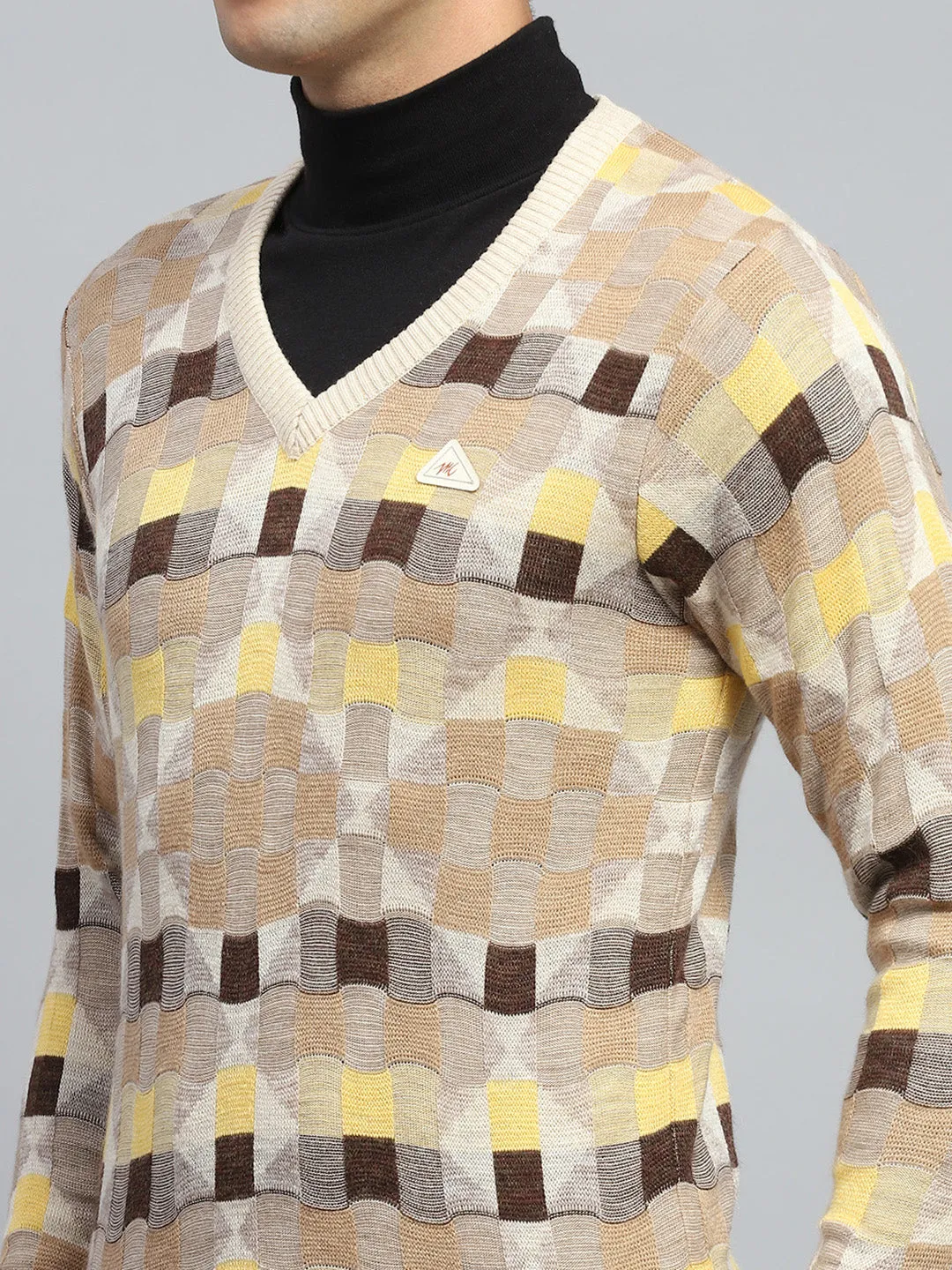 Men Beige Check V Neck Full Sleeve Pullover