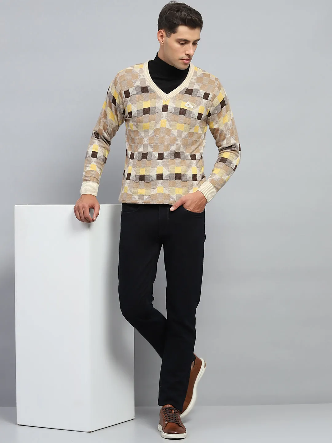 Men Beige Check V Neck Full Sleeve Pullover