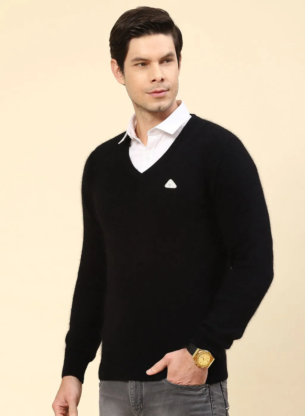 Men Black Solid Angoora Pullover