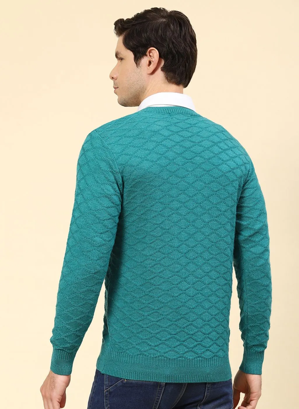 Men Blue Self Design Wool blend Pullover