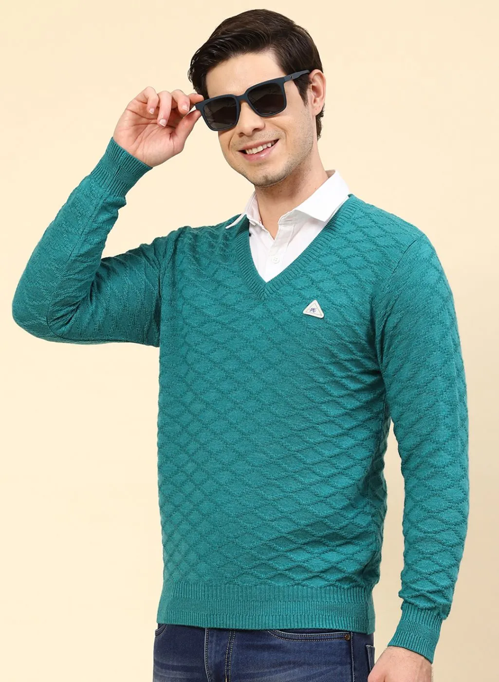 Men Blue Self Design Wool blend Pullover