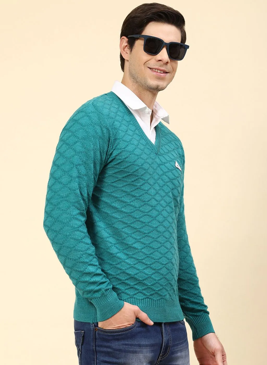 Men Blue Self Design Wool blend Pullover