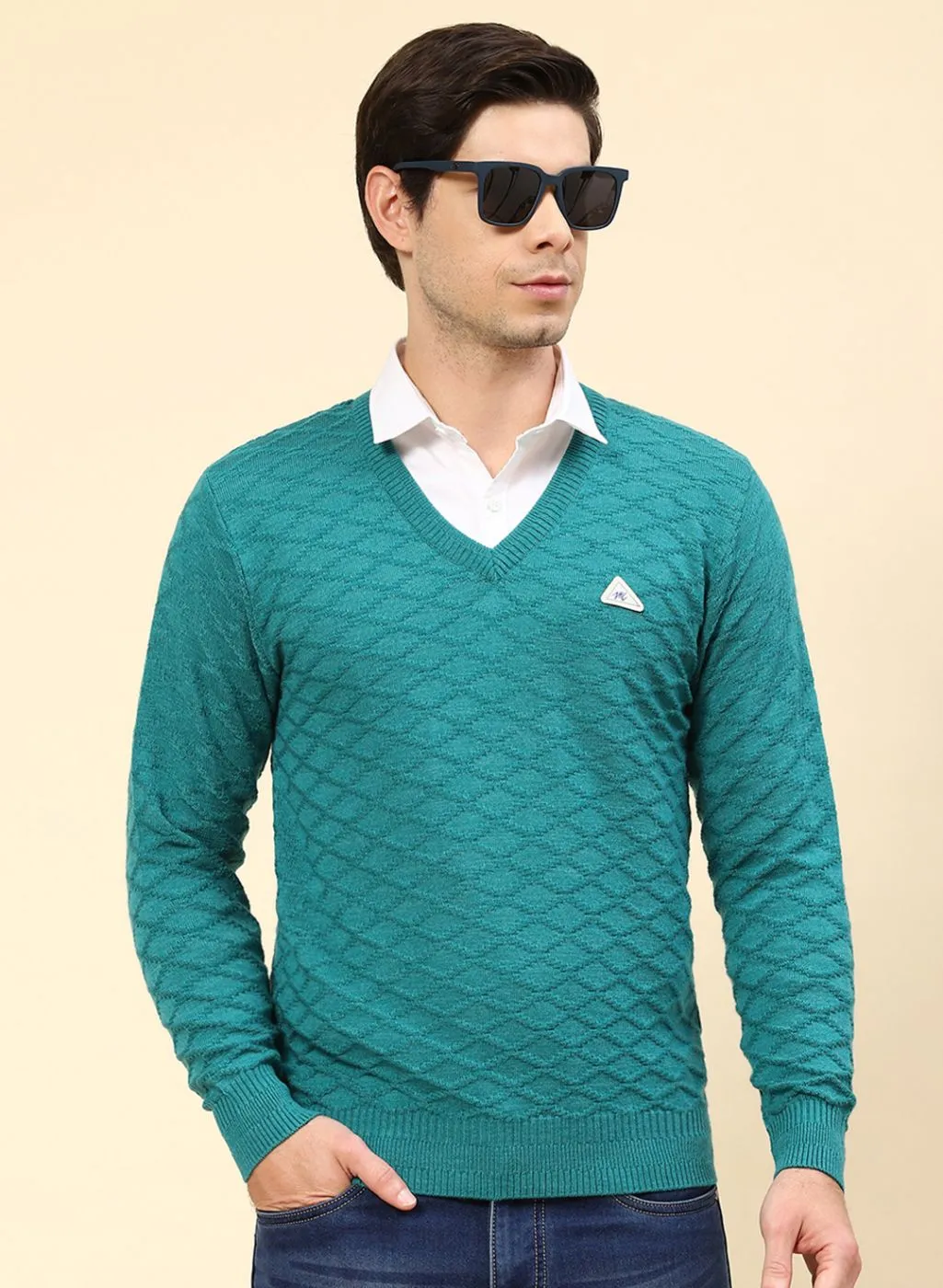 Men Blue Self Design Wool blend Pullover