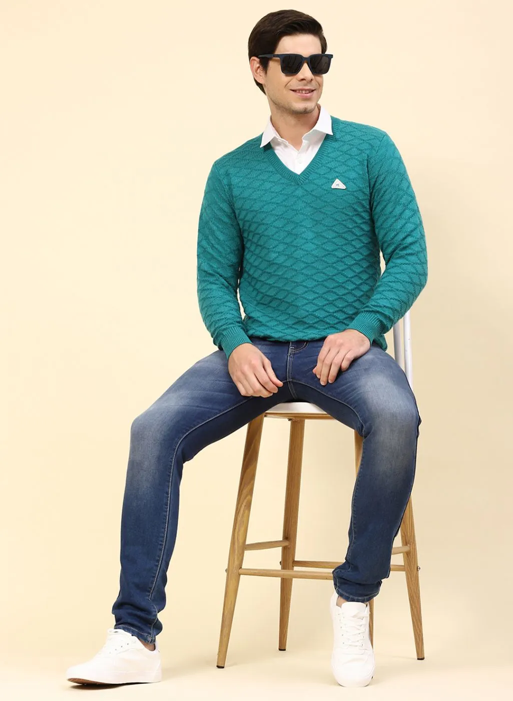 Men Blue Self Design Wool blend Pullover