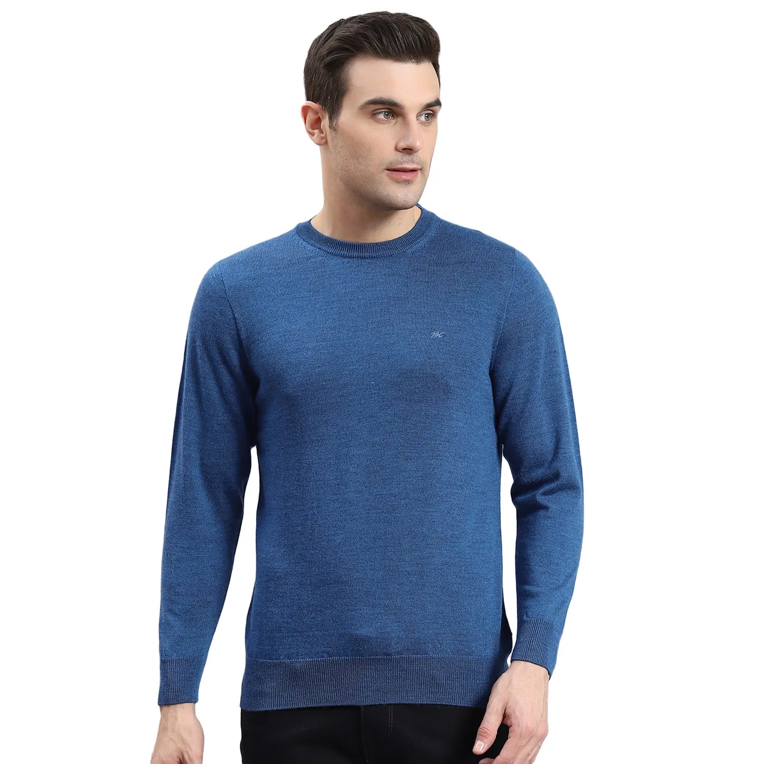 Men Blue Solid Round Neck Full Sleeve Sweater