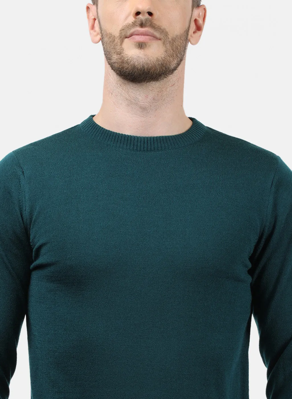 Men Bottle Green Solid Pullover