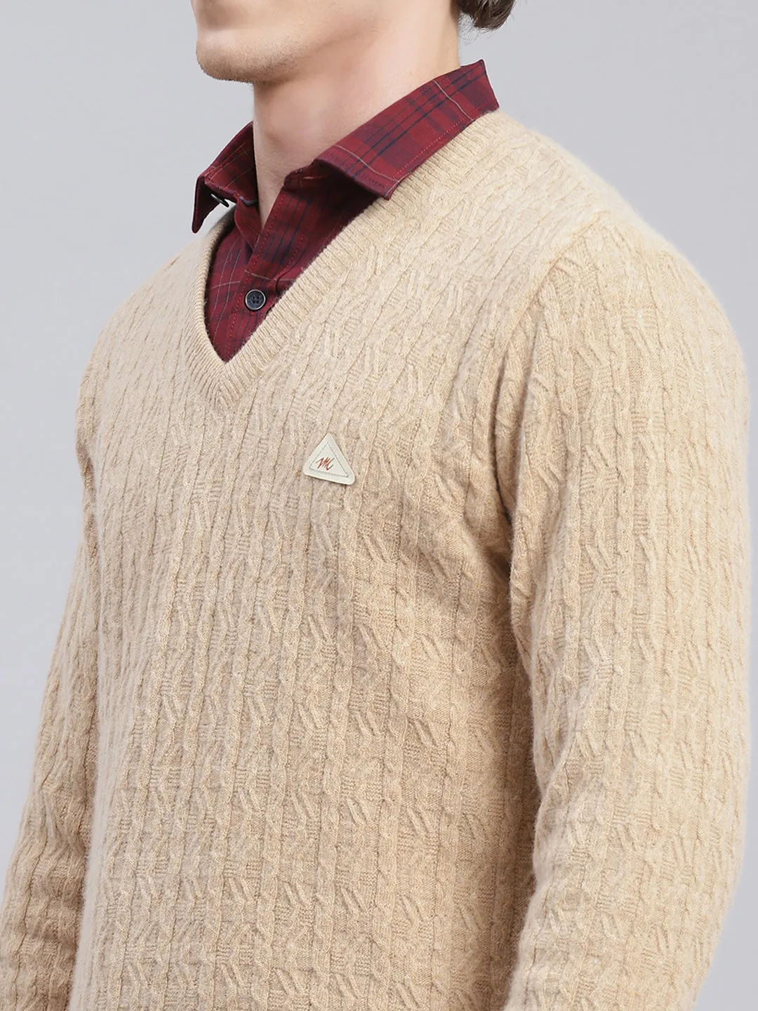 Men Camel Brown Self Design Lamb wool Pullover