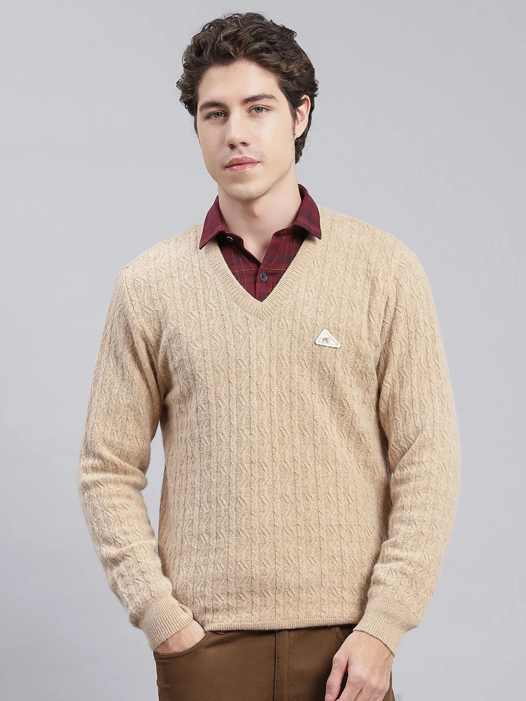 Men Camel Brown Self Design Lamb wool Pullover