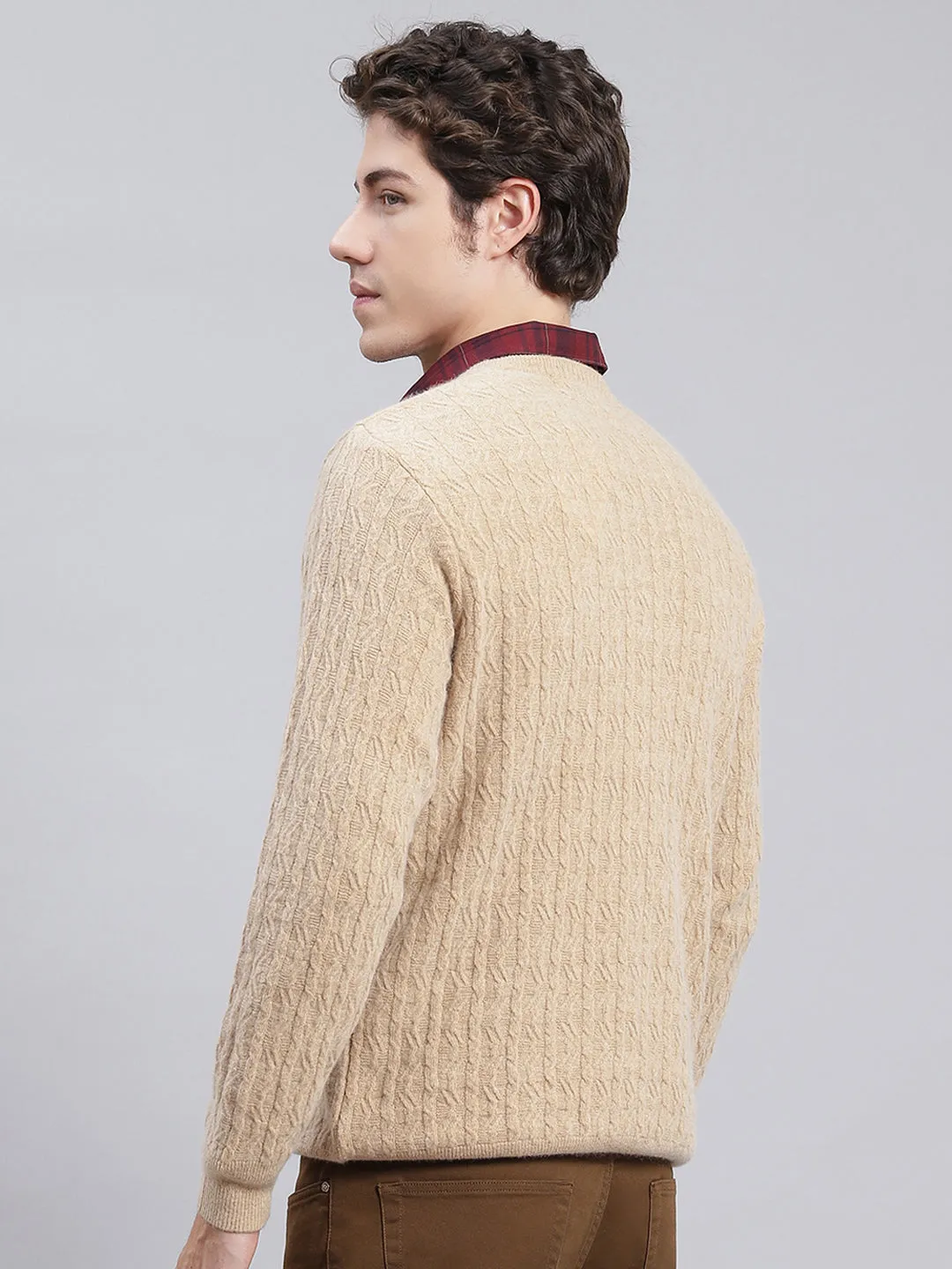 Men Camel Brown Self Design Lamb wool Pullover