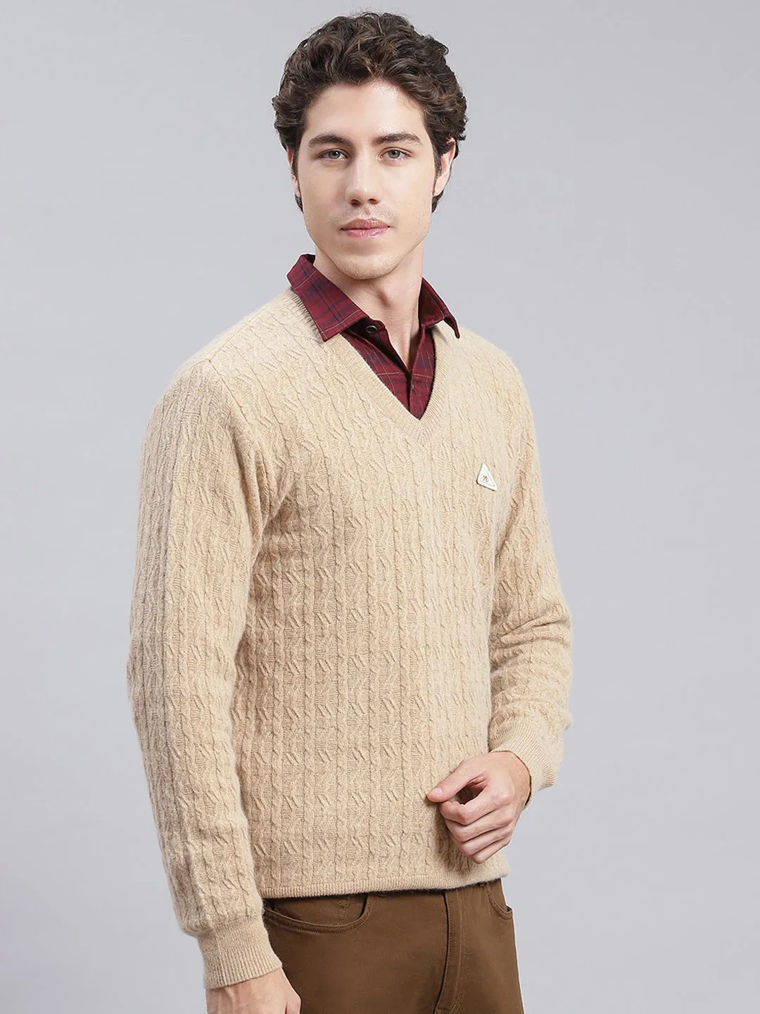 Men Camel Brown Self Design Lamb wool Pullover