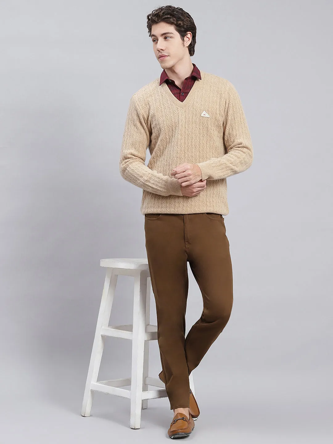 Men Camel Brown Self Design Lamb wool Pullover