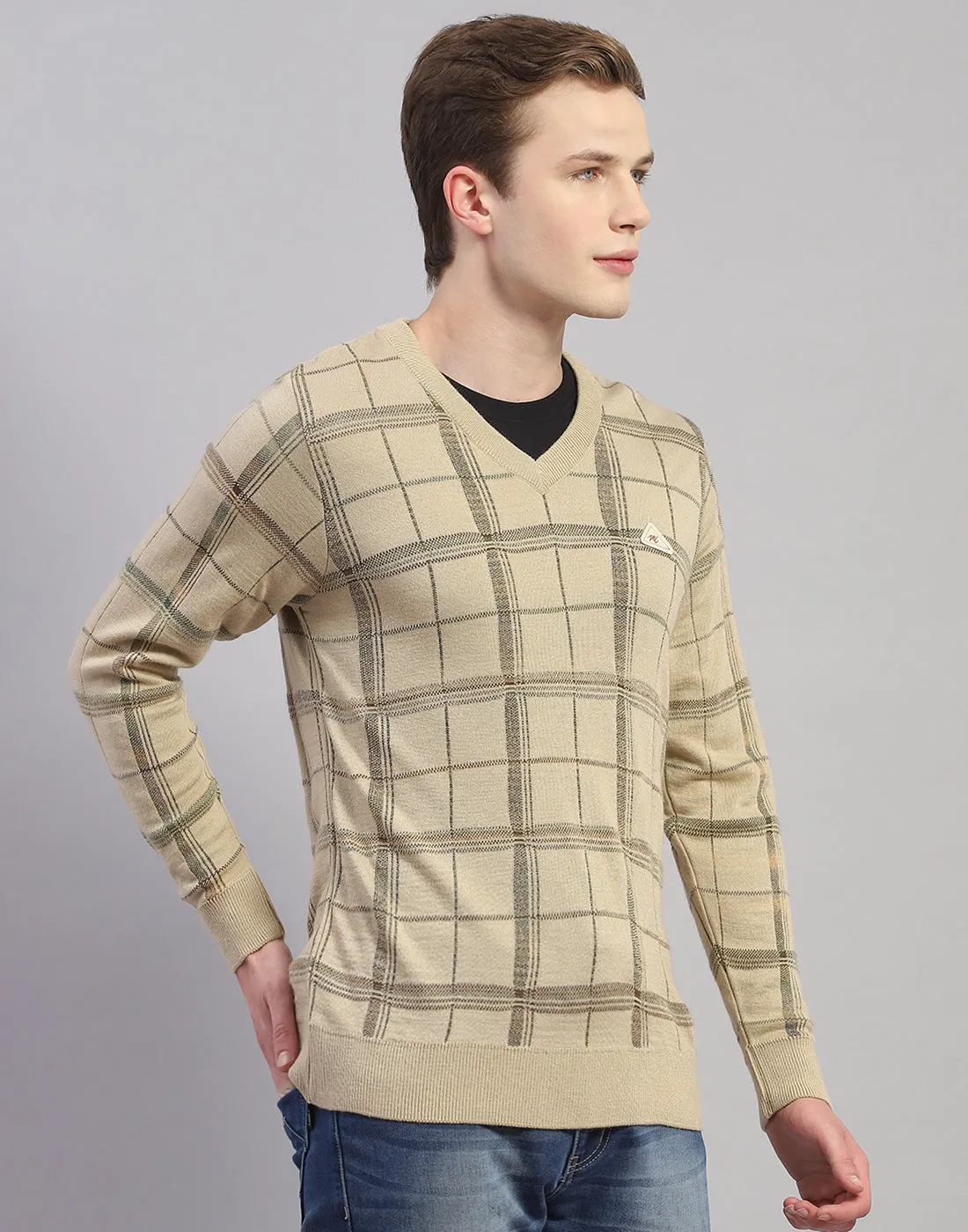 Men Camel Brown Self Design V Neck Full Sleeve Pullover