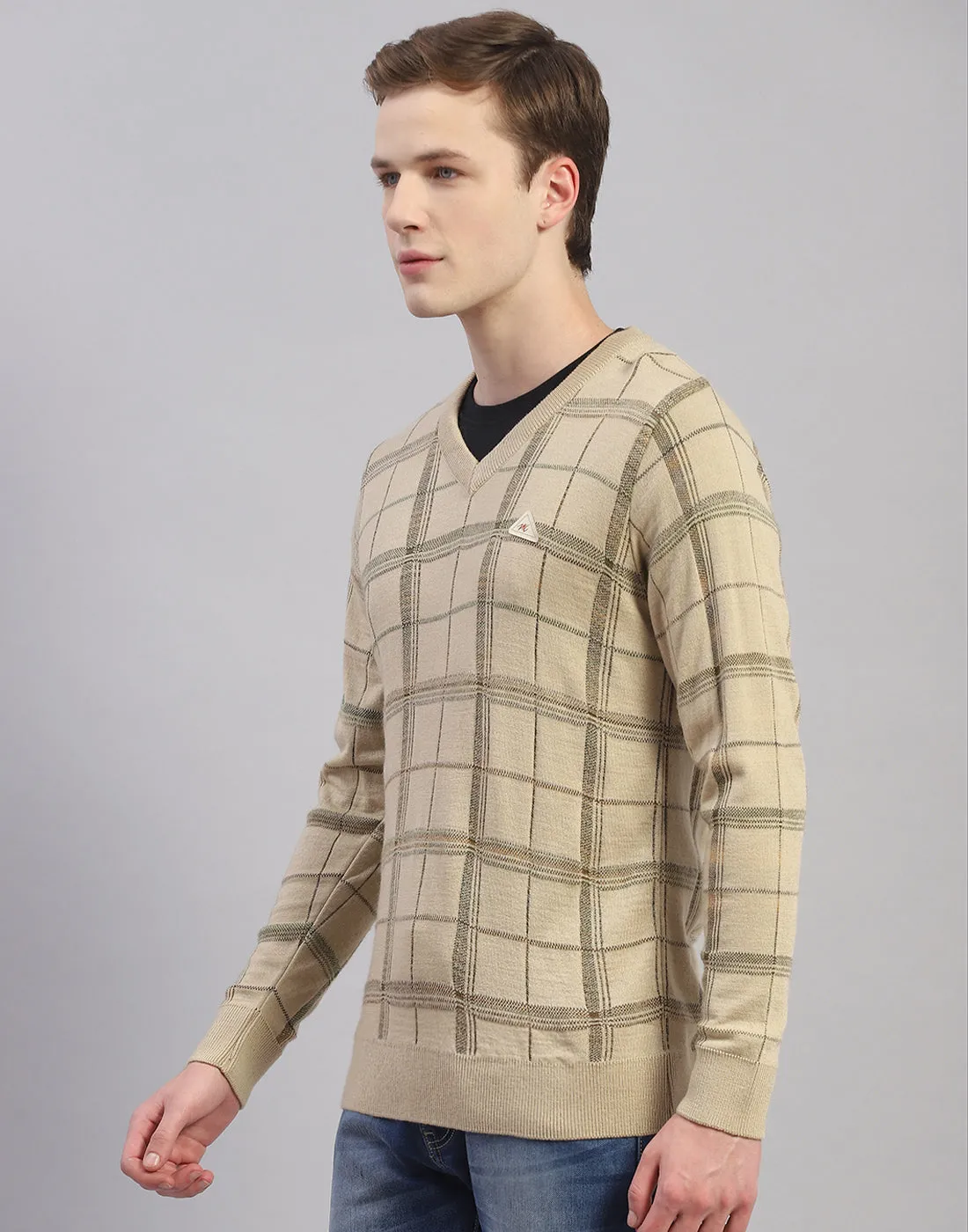 Men Camel Brown Self Design V Neck Full Sleeve Pullover