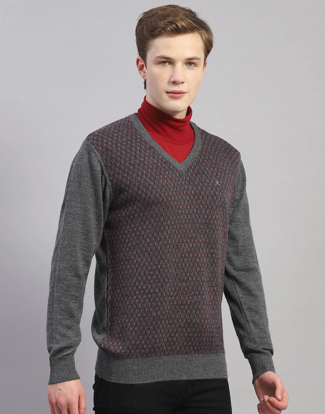 Men Grey Self Design V Neck Full Sleeve Pullover