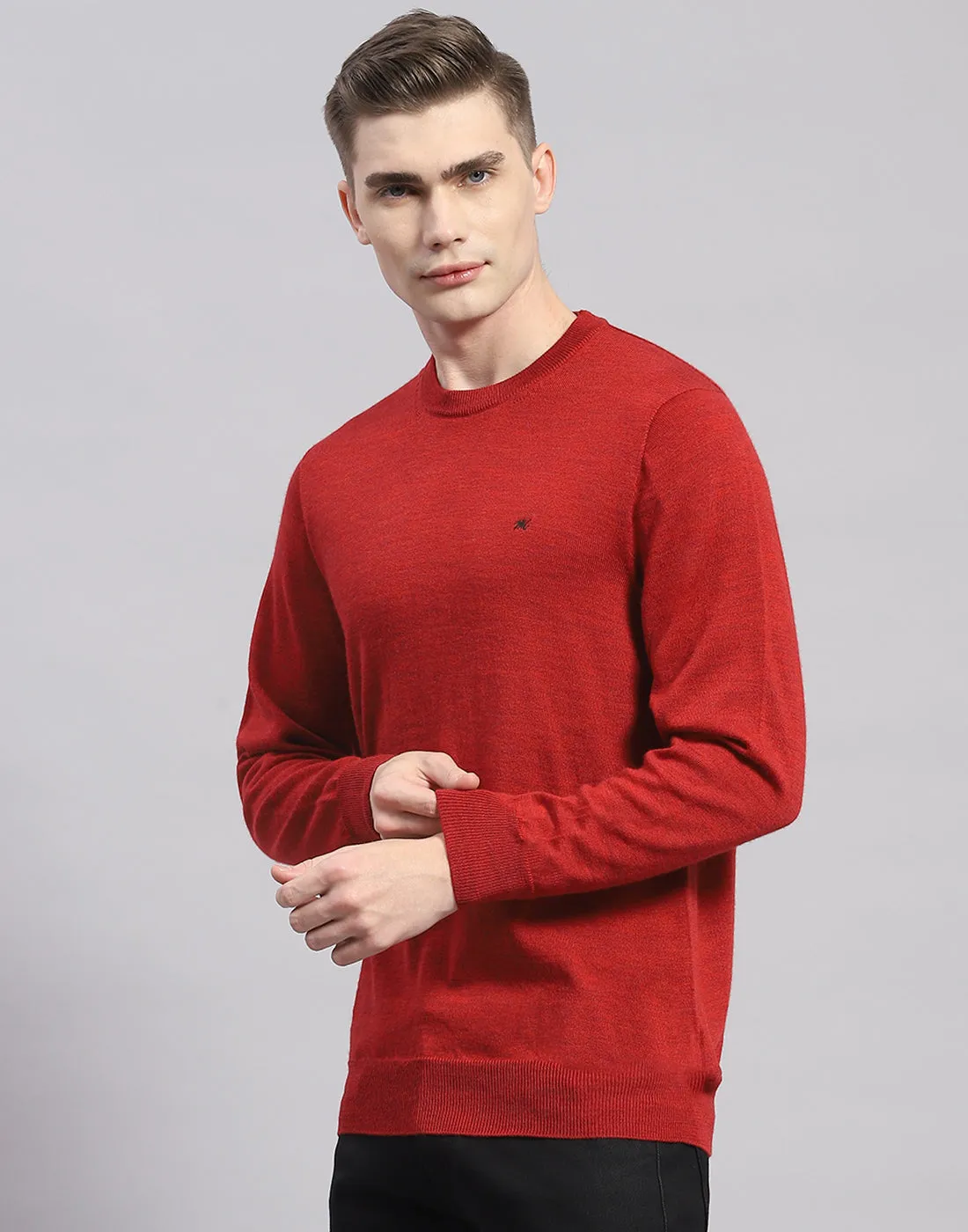 Men Maroon Solid Round Neck Full Sleeve Pullover