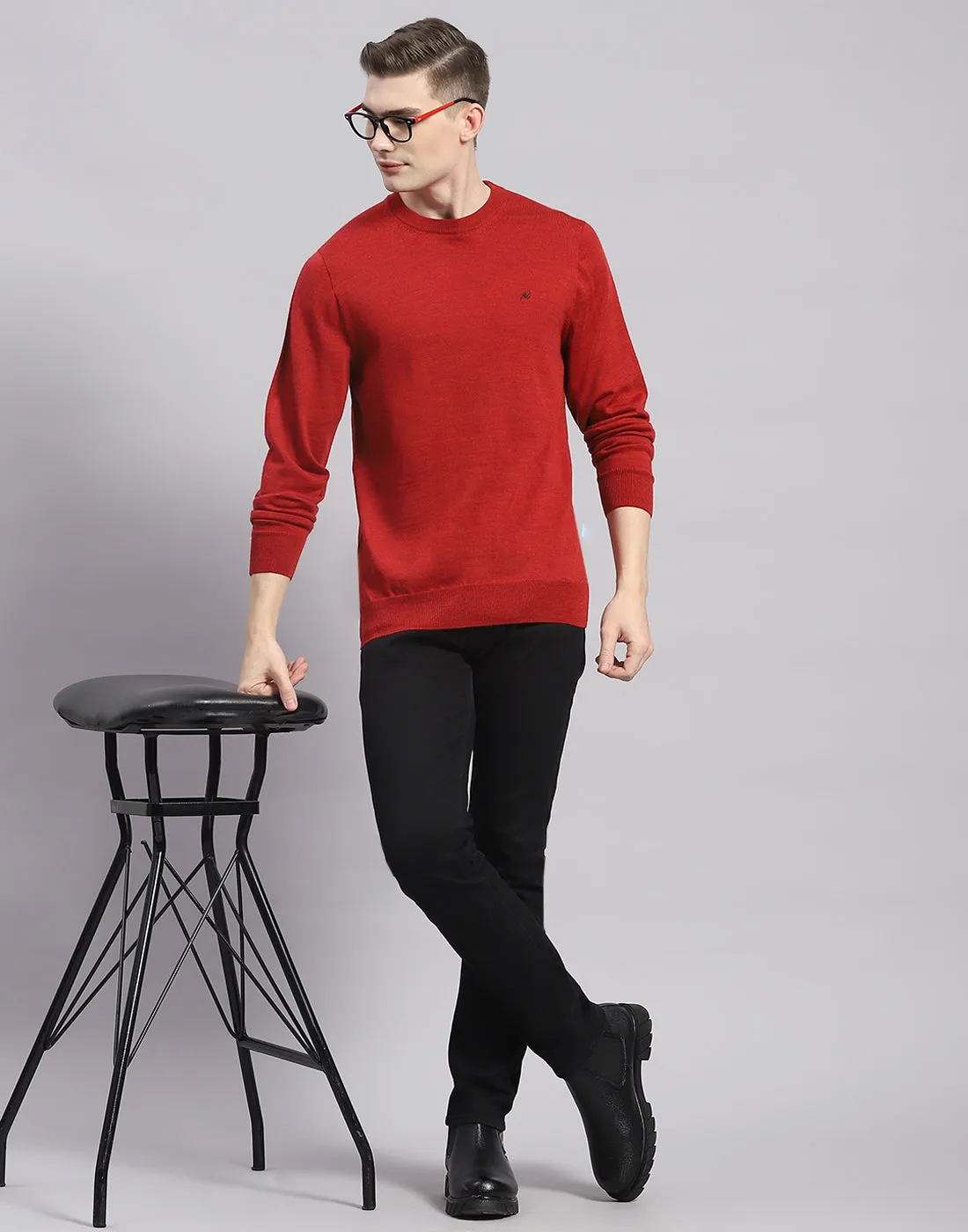 Men Maroon Solid Round Neck Full Sleeve Pullover