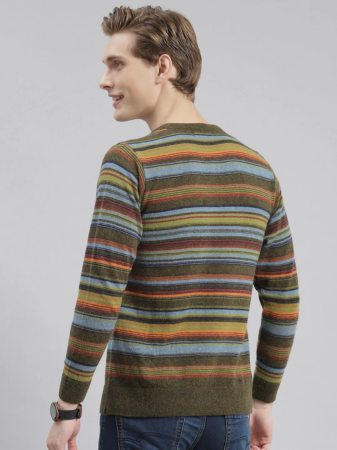 Men Olive Stripe Round Neck Full Sleeve Sweaters/Pullovers