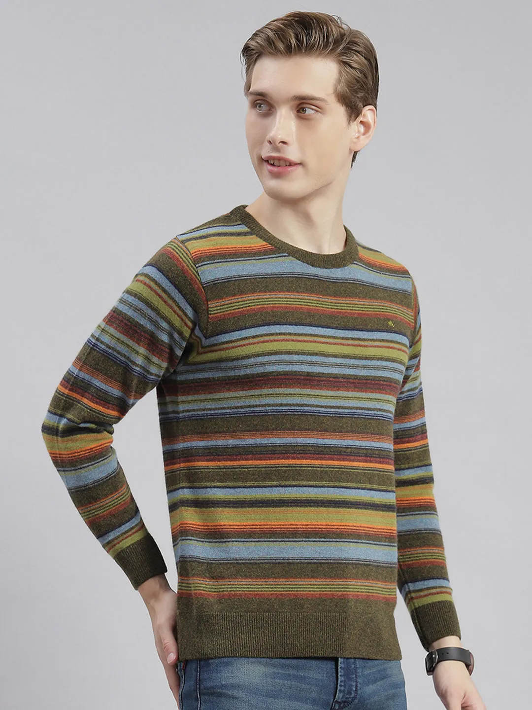 Men Olive Stripe Round Neck Full Sleeve Sweaters/Pullovers