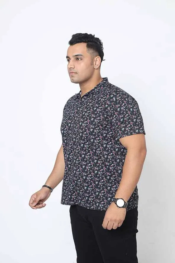 Men Plus Size Black Floral Printed Polo Collar T-shirt