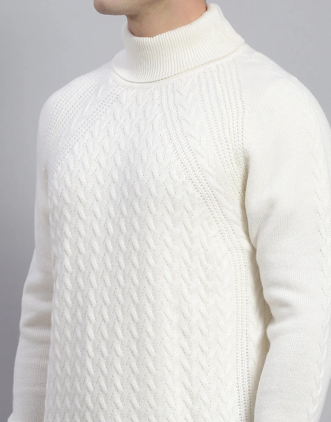 Men White Solid High Neck Full Sleeve Pullover