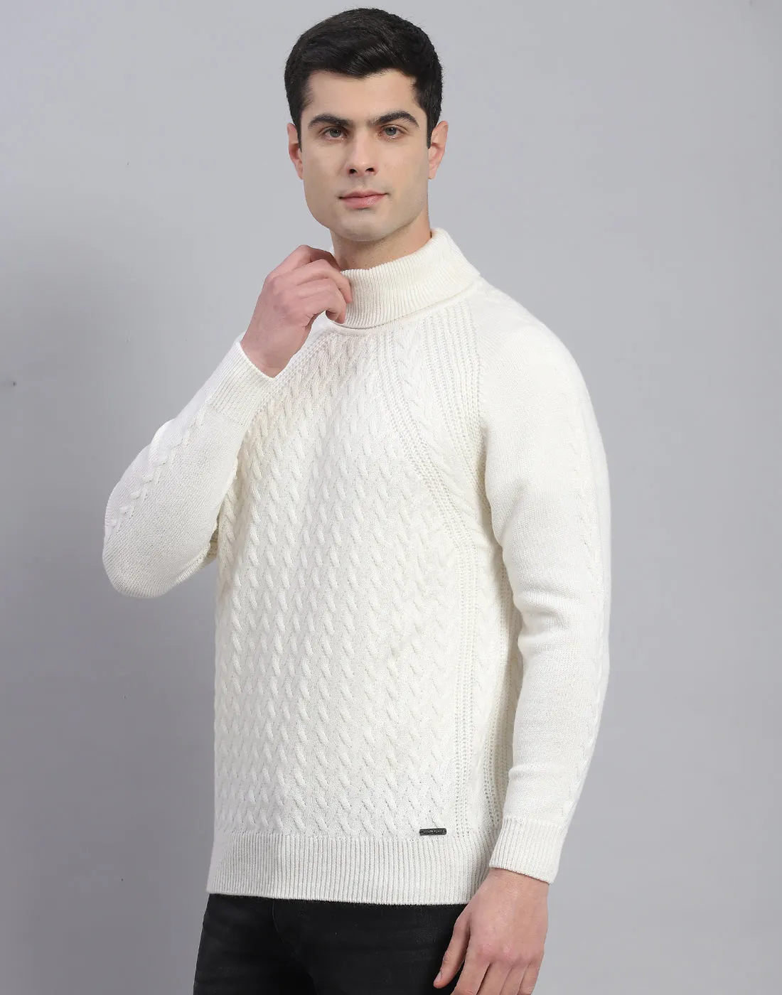 Men White Solid High Neck Full Sleeve Pullover