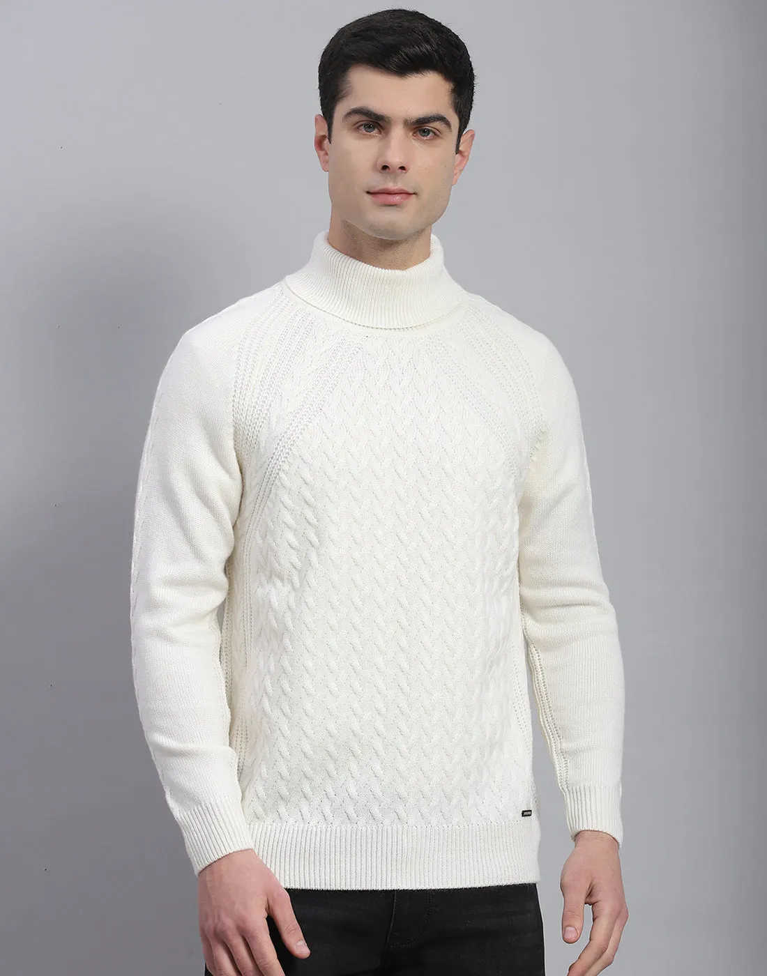 Men White Solid High Neck Full Sleeve Pullover