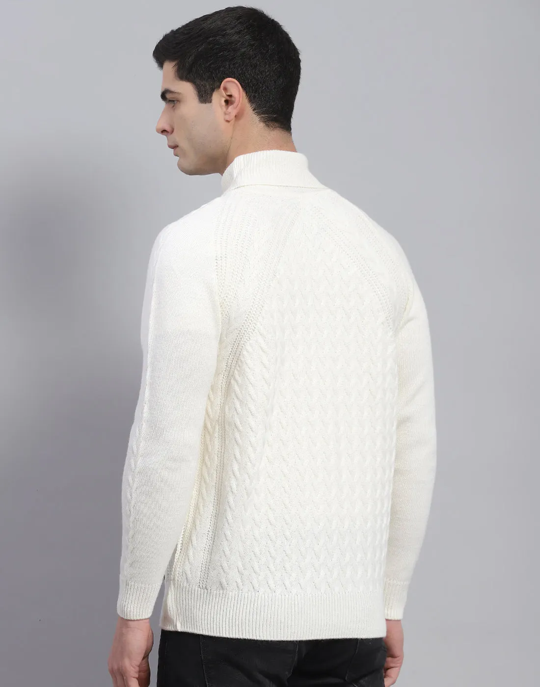 Men White Solid High Neck Full Sleeve Pullover