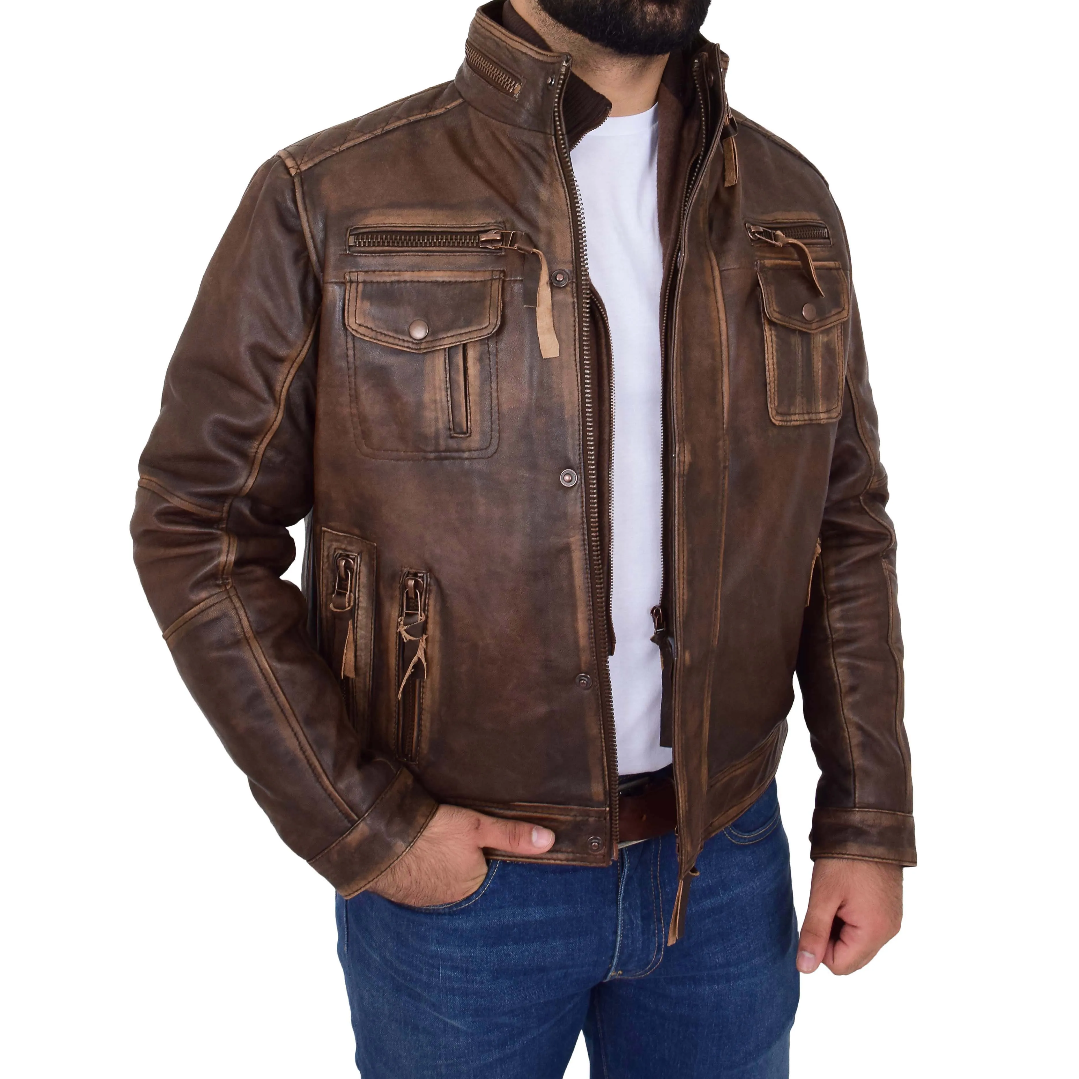 Mens Biker Leather Jacket Rugged Style Mario Rust