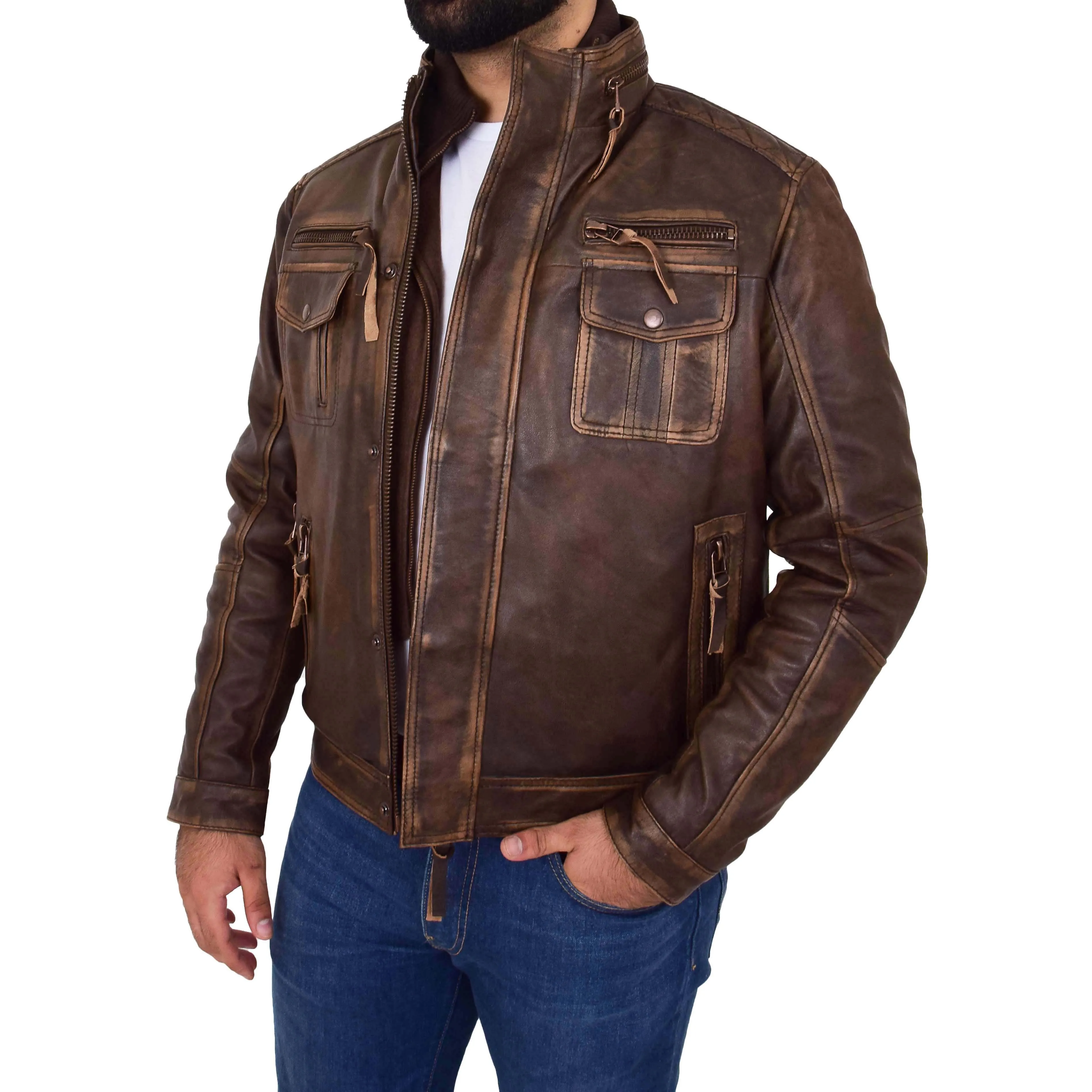 Mens Biker Leather Jacket Rugged Style Mario Rust