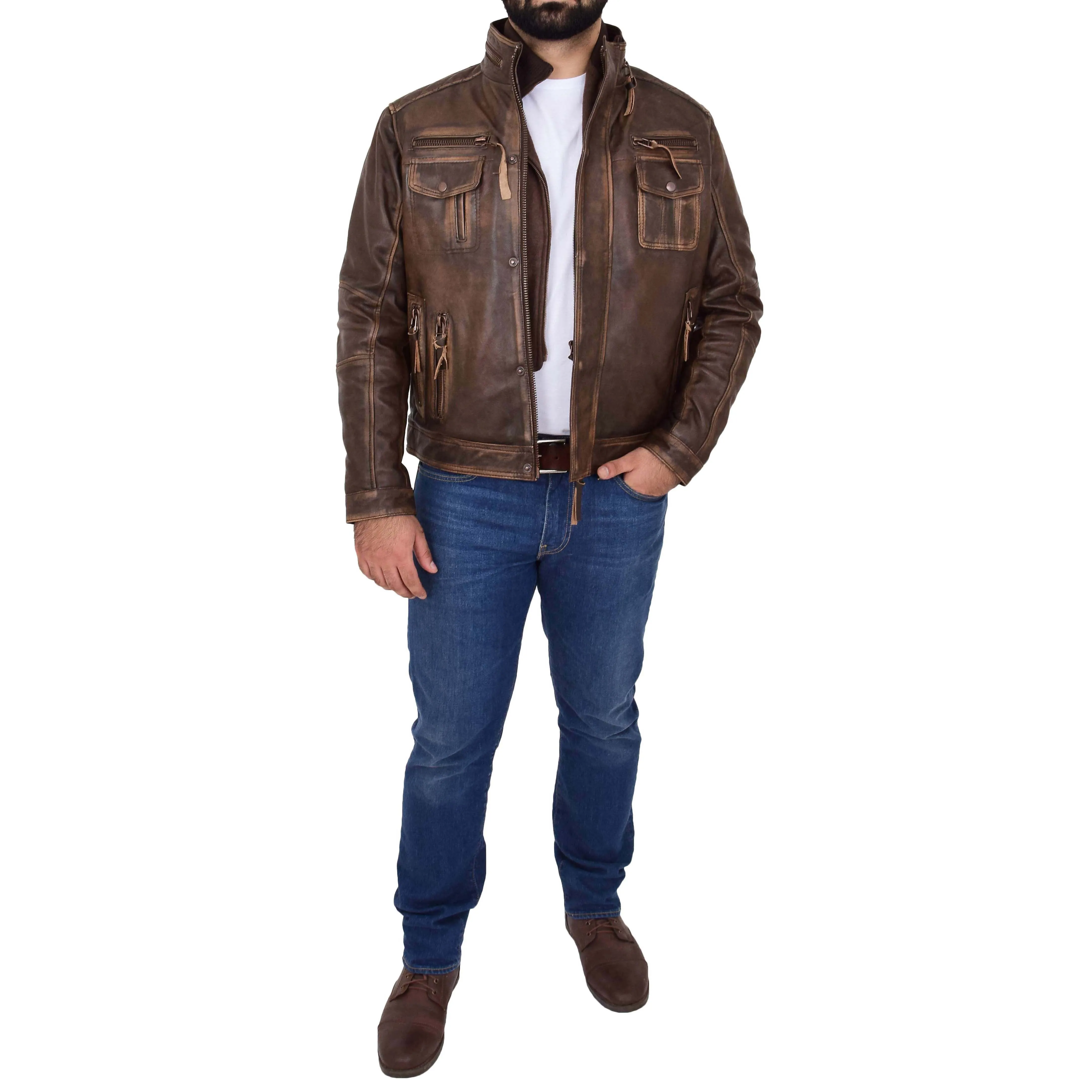 Mens Biker Leather Jacket Rugged Style Mario Rust