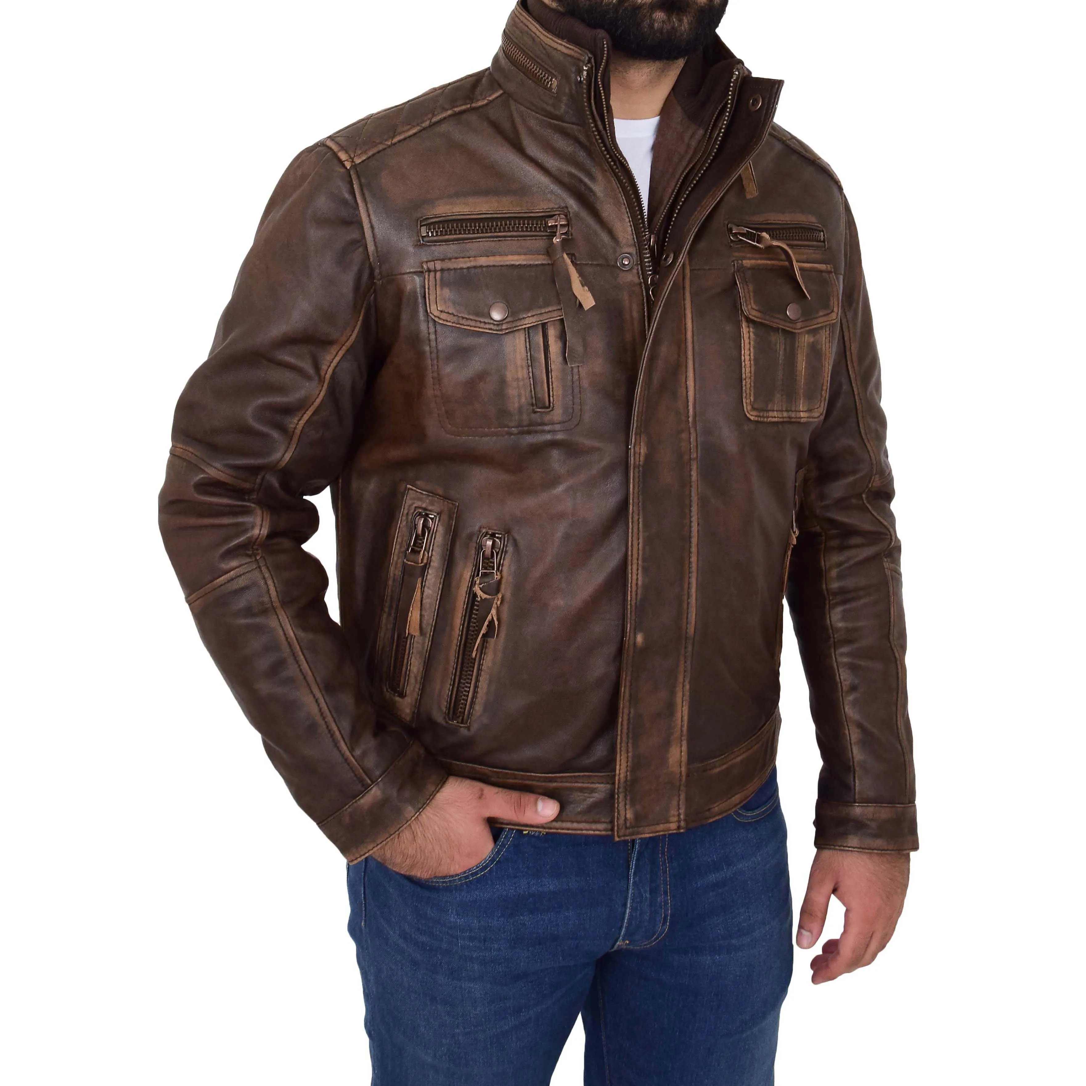 Mens Biker Leather Jacket Rugged Style Mario Rust