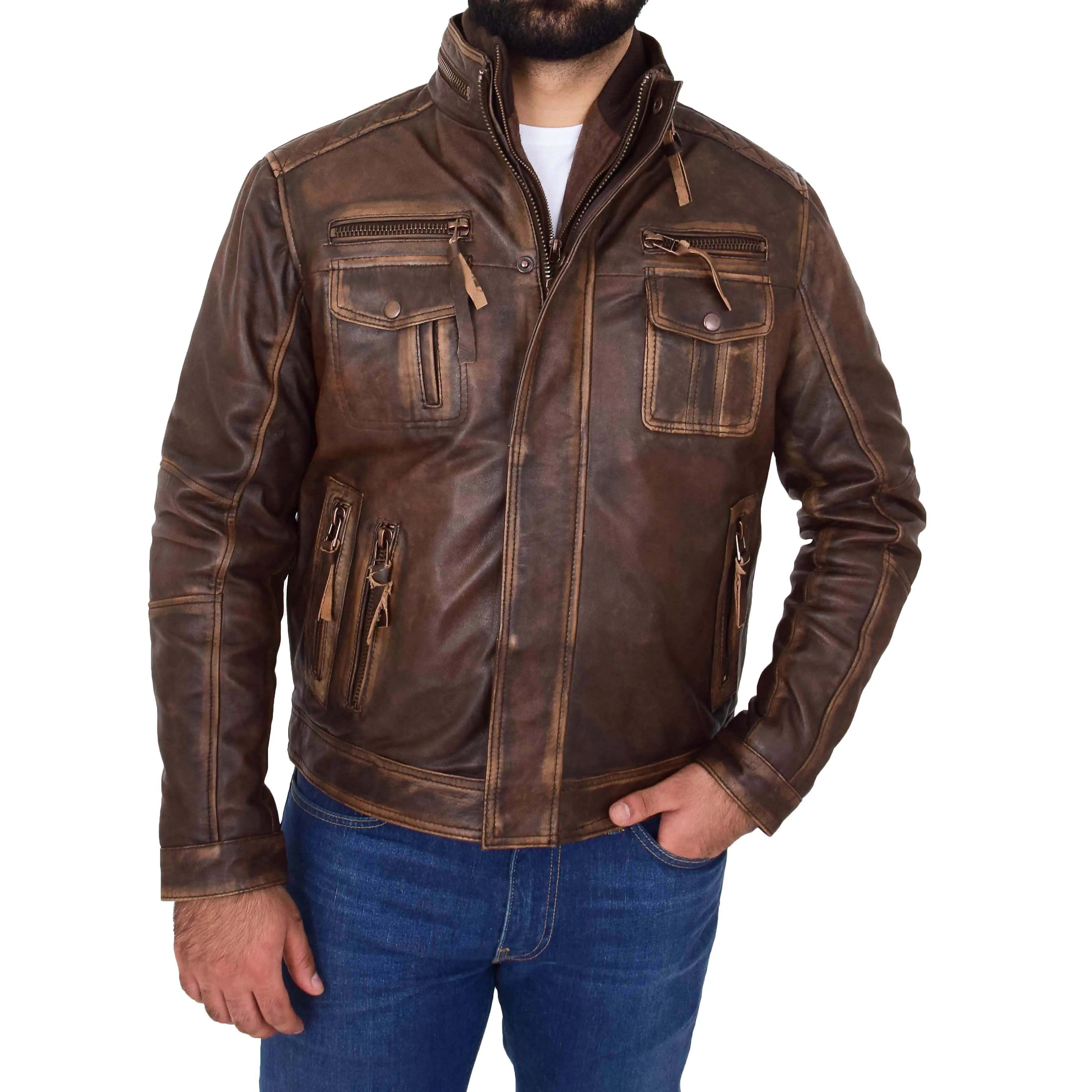 Mens Biker Leather Jacket Rugged Style Mario Rust